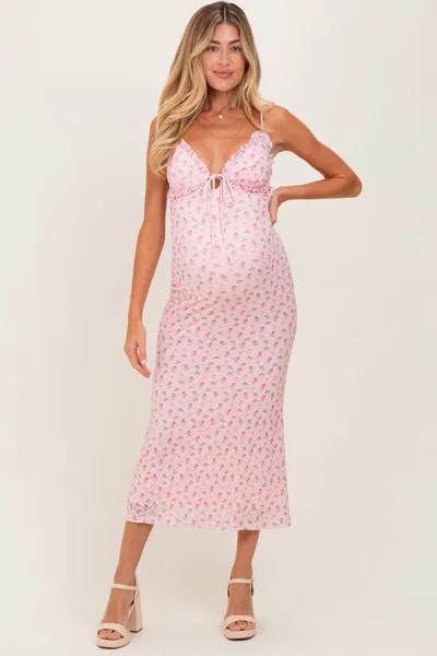 PinkBlush Light Pink Rose Print Jacquard Front Tie Cutout Maternity Maxi Dress