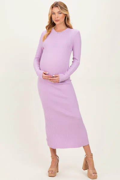 PinkBlush Lilac Ribbed Knit Fitted Maternity Midi Sweater Dress