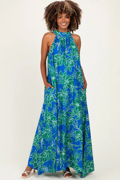 PinkBlush Royal Floral Halter Maternity Maxi Dress