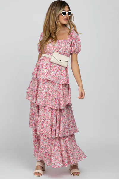 PinkBlush Pink Floral Square Neck Ruffle Layered Maternity Maxi Dress