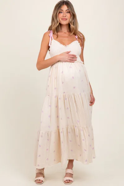 PinkBlush Cream Embroidered Smocked Shoulder Tie Maternity Maxi Dress