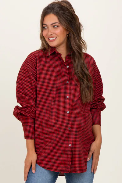 PinkBlush Red Plaid Linen Blend Maternity Button Down Shirt