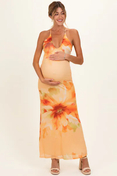 PinkBlush Peach Floral Deep V-Neck Maternity Maxi Dress
