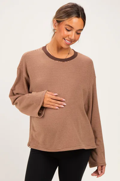 PinkBlush Brown Striped Long Sleeve Crewneck Maternity Shirt