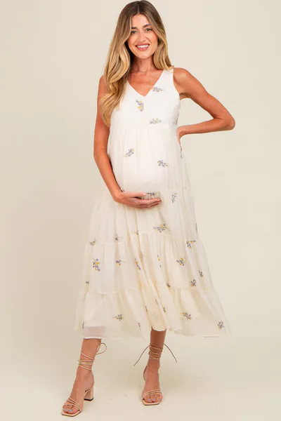 PinkBlush Lavender Ditsy Floral Embroidered V Neck Tiered Maternity Dress