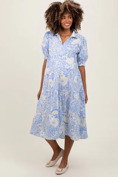 PinkBlush Periwinkle Floral Collared Tiered Maternity Midi Dress