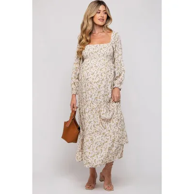 Target PinkBlush Cream Floral Smocked Long Sleeve Maternity Maxi Dress Cream Medium