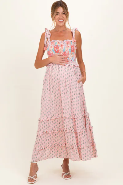 PinkBlush Pink Peach Multi Floral Smocked Maternity Midi Dress