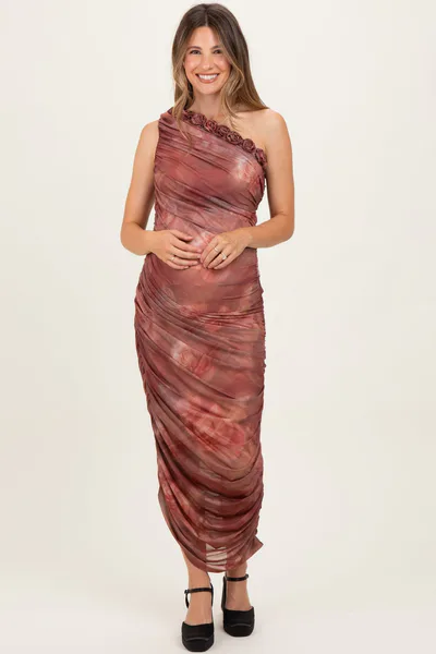 PinkBlush Rust Floral Ruched Rosette One-Shoulder Maternity Midi Dress