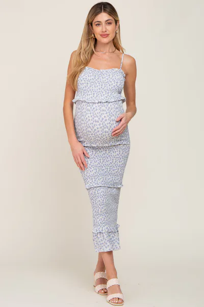 PinkBlush Blue Floral Chiffon Smocked Tiered Square Neck Maternity Midi Dress