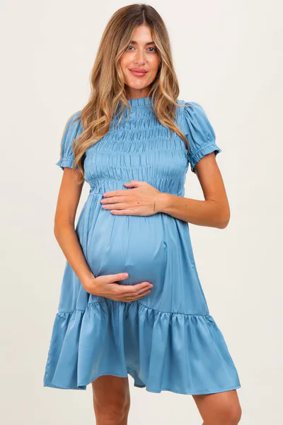PinkBlush Light Blue Satin Smocked Mock Neck Maternity Dress