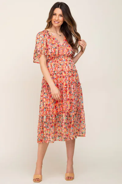 PinkBlush Orange Metallic Striped Chiffon Ruffle Tiered Maternity Midi Dress