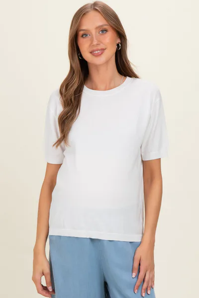 PinkBlush White Crew Neck Solid Maternity Sweater