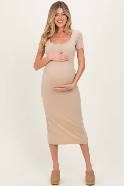 PinkBlush Light Taupe Ribbed Fitted Maternity Midi Dress