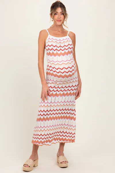 PinkBlush Salmon Pointelle Chevron Knit Open Back Maternity Midi Dress