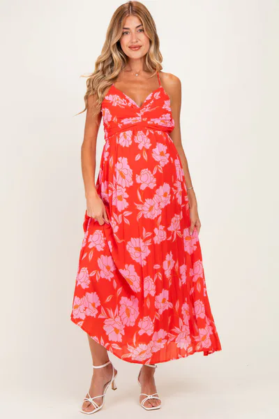 PinkBlush Red Floral Pleated Cutout Back Maternity Midi Dress