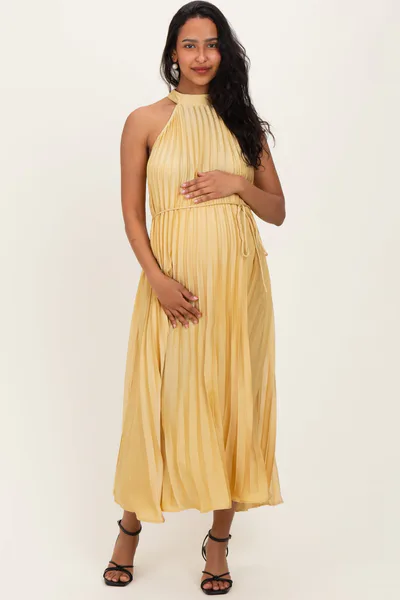 PinkBlush Yellow Pleated Maternity Halter Dress