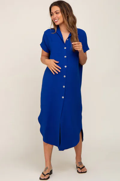 PinkBlush Royal Blue Button Down Hi Low Maternity Maxi Dress