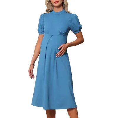 Target INSPIRE CHIC Women's Work Maternity Dresses Mock Neck Button Pleated Front Office A-Line Pregnancy Business Dress Small Peacock Blue