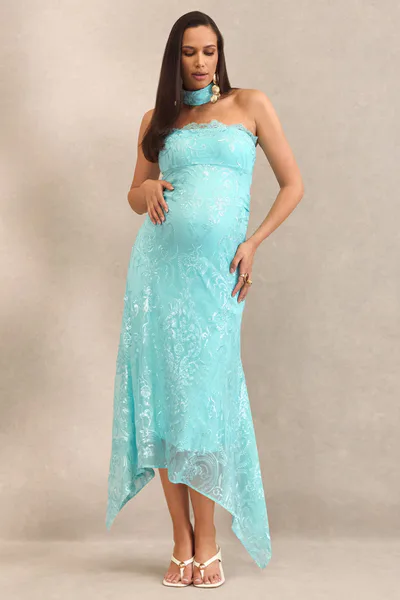 Club L London Sabriel | Turquoise Lace Bandeau-Neck Maternity Midi Dress With Collar Detail