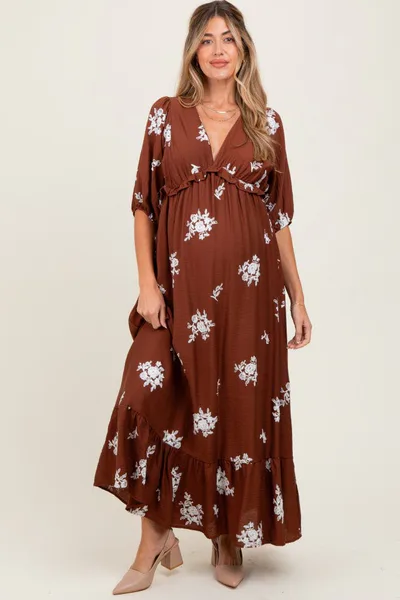 PinkBlush Brown Vintage Floral Embroidered V-Neck 3/4 Sleeve Maternity Maxi Dress