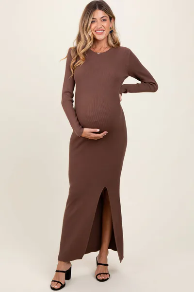 PinkBlush Mocha Ribbed Knit Long Sleeve Side Slit Maternity Maxi Dress