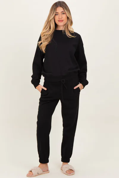 PinkBlush Black Fleece Long Sleeve Maternity Pullover & Jogger Set