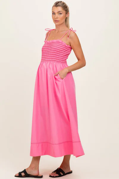 PinkBlush Pink Smocked Shoulder Tie Maternity Midi Dress