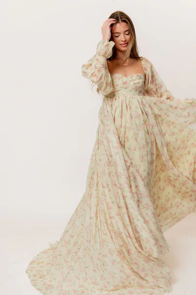 Worth Collective Delilah Maxi Dress with Train in Vintage Floral - Bump Friendly