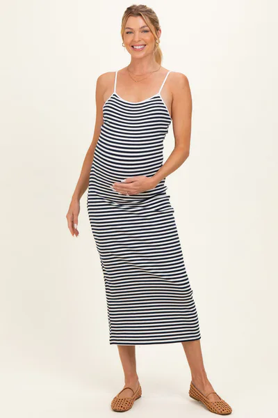 PinkBlush Navy Striped Sleeveless Maternity Midi Dress