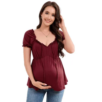 Target BLUEMING Womens Maternity Pregnancy Tops Square Neck Tie Front Ruched Ruffle Short Sleeve Summer T-Shirts, Dark Red - M