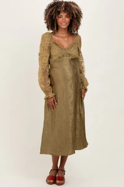 PinkBlush Olive Lace Jacquard Long Sleeve Maternity Midi Dress
