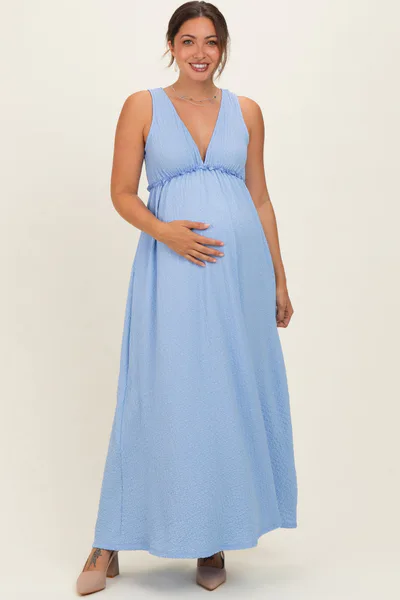 PinkBlush Light Blue Sleeveless Deep V-Neck Maternity Maxi Dress