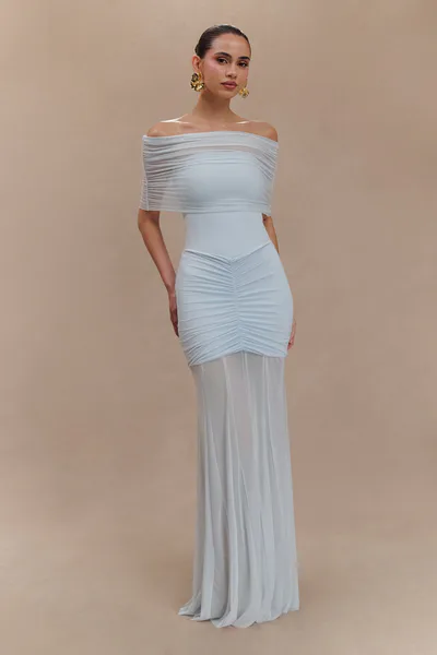 MESHKI Caspian Slinky And Mesh Off Shoulder Maxi Dress - Pale Blue