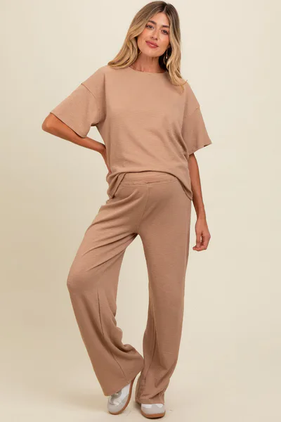 PinkBlush Taupe Textured Knit Oversized Tee And Pants Maternity Set