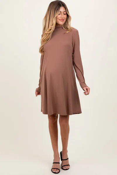 PinkBlush Mocha Ribbed Mock Neck Long Sleeve Basic Maternity Dress