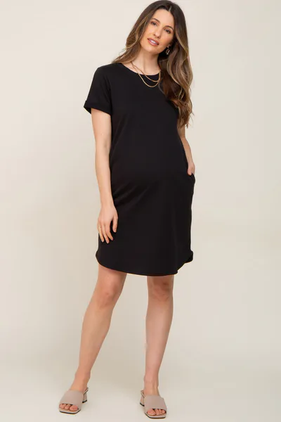 PinkBlush Black French Terry Cuffed Short Sleeve Maternity Dress