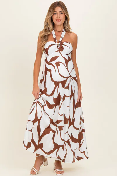 PinkBlush Brown Printed Halter Maternity Maxi Dress
