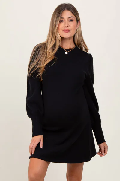 PinkBlush Black Knit Bubble Sleeve Maternity Mini Dress