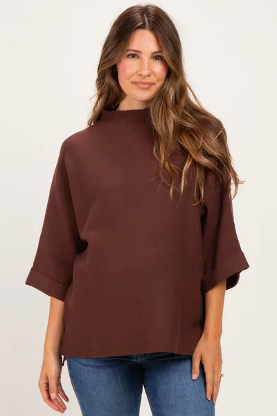 PinkBlush Brown Mock Neck Dolman Short Sleeve Maternity Top