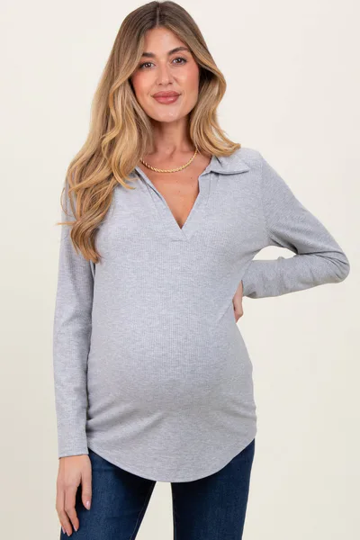 PinkBlush Heather Grey Ribbed Collared Maternity Long Sleeve Top