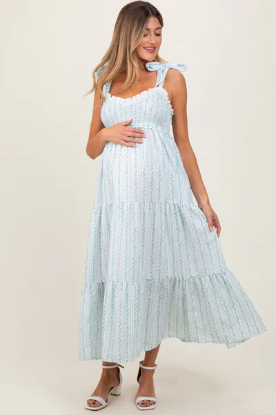 PinkBlush Blue Floral Striped Smocked Shoulder Tie Maternity Maxi Dress