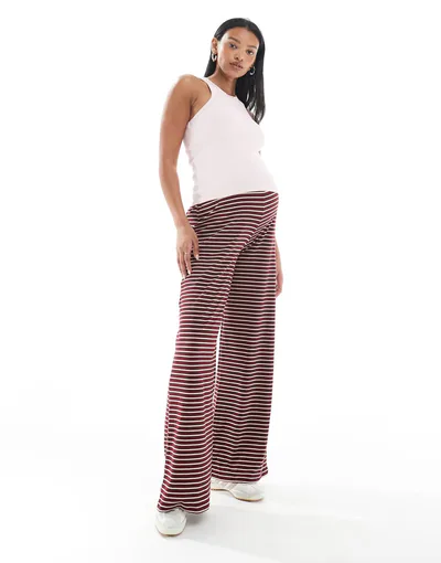 ASOS Mamalicious Maternity jersey ribbed wide leg pants in red and cream stripes