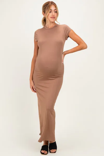 PinkBlush Mocha Fitted Short Sleeve Maternity Maxi Dress