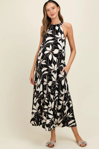 PinkBlush Black/Beige Print Halter Neck Tiered Maternity Maxi Dress