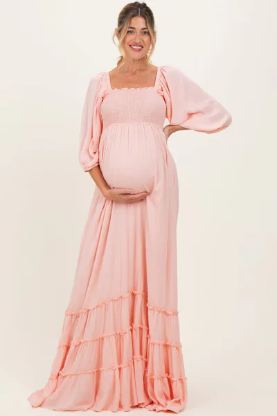 PinkBlush Light Pink Solid 3/4 Sleeve Smocked Top Tiered Maternity Maxi Dress