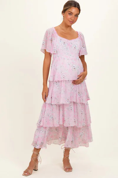 PinkBlush Sweet Pink Floral Flounce Tiered Maternity Maxi Dress