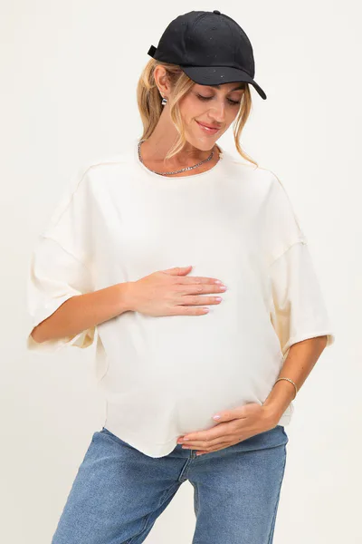 PinkBlush Cream Raw Cut Edge Maternity Boxy Tee