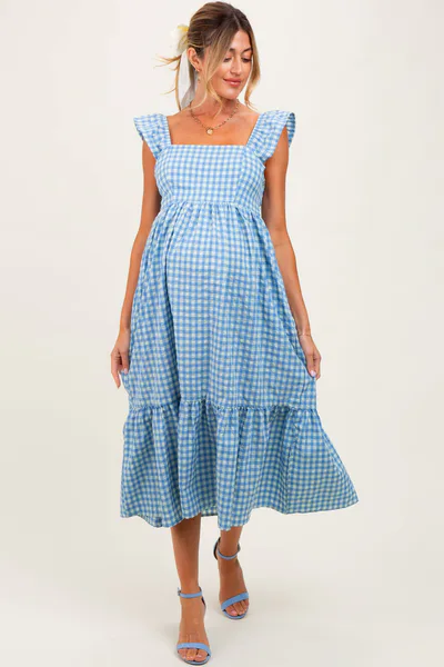 PinkBlush Blue Gingham Ruffle Strap Maternity Midi Dress