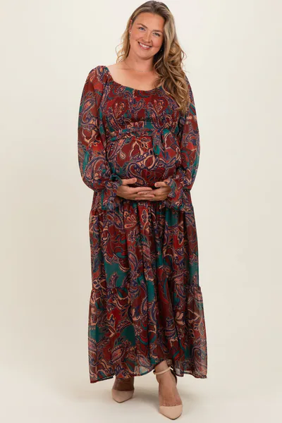 PinkBlush Wine Paisley Smocked Tiered Maternity Plus Maxi Dress